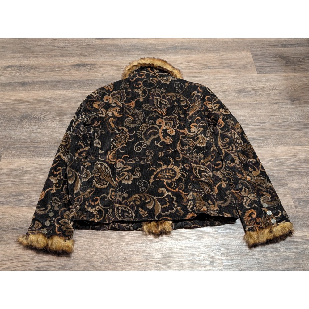Black Rivet Womens M Corduroy Faux Fur Trim Paisley Trucker Jacket Brown Black - Picture 3 of 5